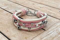 Luxus-Hundehalsband-Leder-Elfenbein-Rosa-10-Ohr-Tunnel-4-Skull-4-Strass