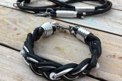 Hundehalsband-Leder-geflochten-leine-Schwarz-Silber-Strass-SET-1
