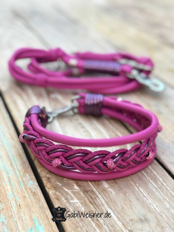 Hundehalsband und Leine aus Leder in Pink