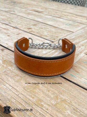 Zugstopp Hundehalsband Leder 4 cm Cognac auf 5 cm Schwarz